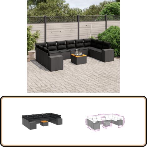 11-tlg. Garten-Sofagarnitur mit Kissen Schwarz Poly Rattan - Gartenmöbel - Esstischgarnituren - Outdoor Möbel - Lounge Set - Rattan Gartenmöbel
