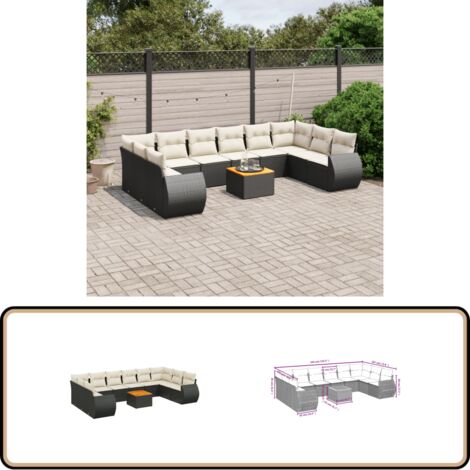 11-tlg. Garten-Sofagarnitur mit Kissen Schwarz Poly Rattan - Gartenmöbel - Esstischgarnituren - Outdoor Möbel - Lounge Set - Rattan Gartenmöbel