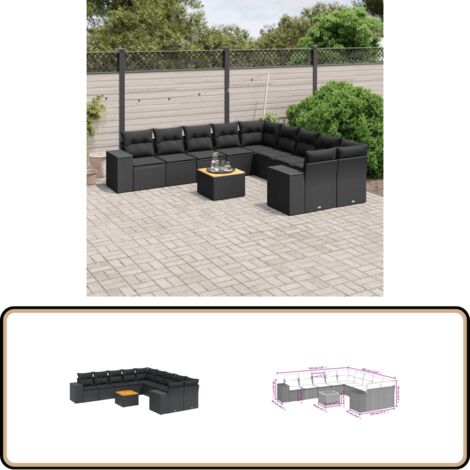 11-tlg. Garten-Sofagarnitur mit Kissen Schwarz Poly Rattan - Gartenmöbel - Esstischgarnituren - Outdoor Möbel - Lounge Set - Rattan Gartenmöbel