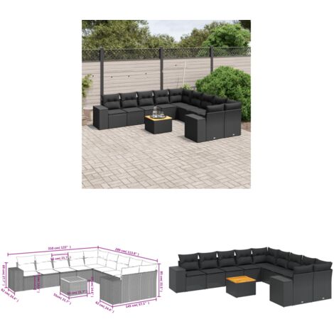 11-tlg. Garten-Sofagarnitur mit Kissen Schwarz Poly Rattan - Gartenmöbel - Esstischgarnituren - Outdoor Möbel - Lounge Set - Rattan Gartenmöbel - Home & Living