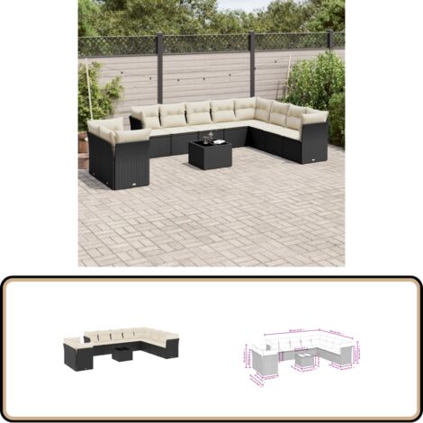 11-tlg. Garten-Sofagarnitur mit Kissen Schwarz Poly Rattan - Gartenmöbel - Esstischgarnituren - Outdoor Möbel - Lounge Set - Rattan Sofa