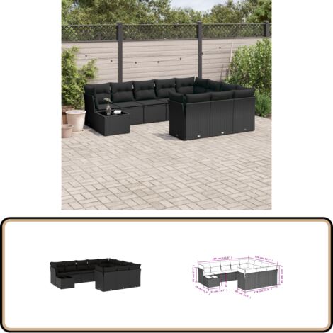 11-tlg. Garten-Sofagarnitur mit Kissen Schwarz Poly Rattan - Gartenmöbel - Esstischgarnituren - Outdoor Möbel - Lounge Set - Rattan Sofa