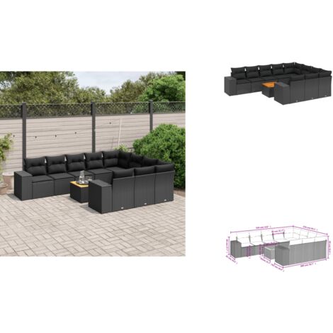 11-tlg. Garten-Sofagarnitur mit Kissen Schwarz Poly Rattan - Gartenmöbel - Esszimmergarnituren - Outdoor Möbel - Lounge Set - Rattan Gartenmöbel