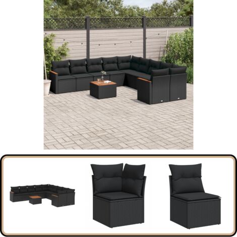 11-tlg. Garten-Sofagarnitur mit Kissen Schwarz Poly Rattan - Gartenmöbel Set - Esszimmergarnitur Outdoor - Rattan Gartenset - Lounge Garnitur - Balkonmöbel