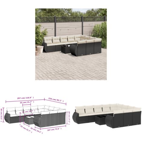 11-tlg. Garten-Sofagarnitur mit Kissen Schwarz Poly Rattan - Gartenmöbel Set - PE-Rattan Möbel - Outdoor Lounge - Esstisch Set - Balkonmöbel - Home & Living