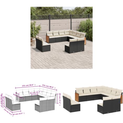 11-tlg. Garten-Sofagarnitur mit Kissen Schwarz Poly Rattan - Gartensofas - Outdoor Möbel - Lounge Set - PE-Rattan - Gartenlounge - Home & Living