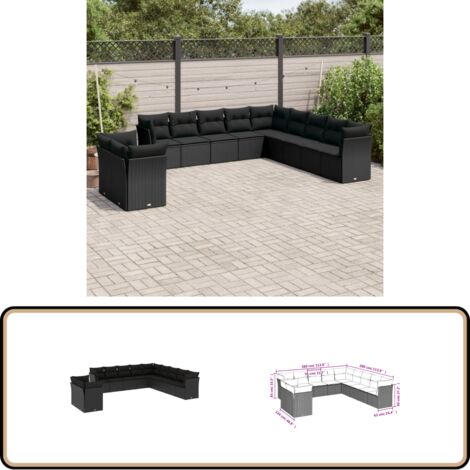 11-tlg. Garten-Sofagarnitur mit Kissen Schwarz Poly Rattan - Gartensofas - Outdoor Möbel - Lounge Set - Rattan Sofa - Gartenlounge