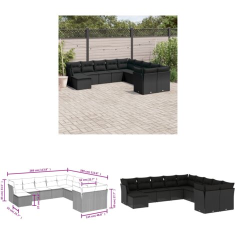 11-tlg. Garten-Sofagarnitur mit Kissen Schwarz Poly Rattan - Gartensofas - Outdoor Möbel - Lounge Set - Rattan Sofa - Gartenlounge - Home & Living