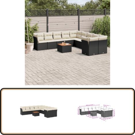 11-tlg. Garten-Sofagarnitur mit Kissen Schwarz Poly Rattan - Gartensortiment - Esstischgarnitur - Lounge Set - Gartenlounge - Gartenmöbelset