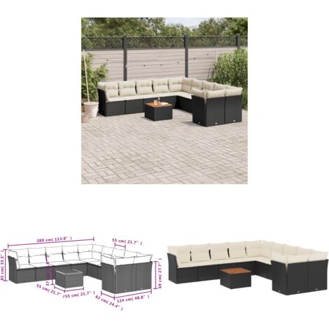 11-tlg. Garten-Sofagarnitur mit Kissen Schwarz Poly Rattan - Gartensortiment - Esstischgarnitur - Lounge Set - Gartenlounge - Gartenmöbelset - Home & Living