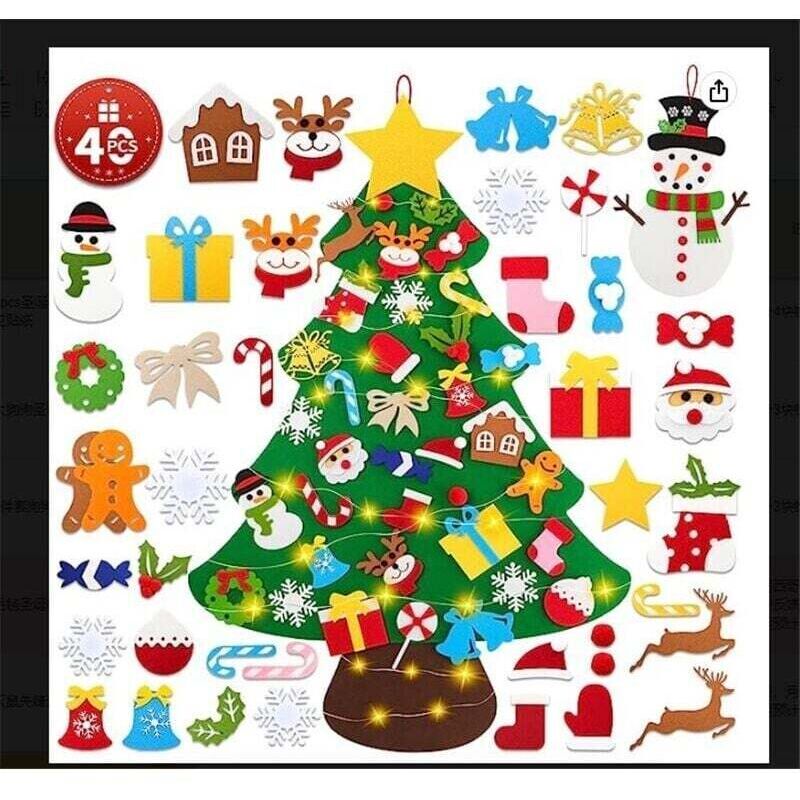 110 cm tall Montessori Christmas tree made of felt with LED lighting, Advent calendar with 40 removable ornaments and snowman