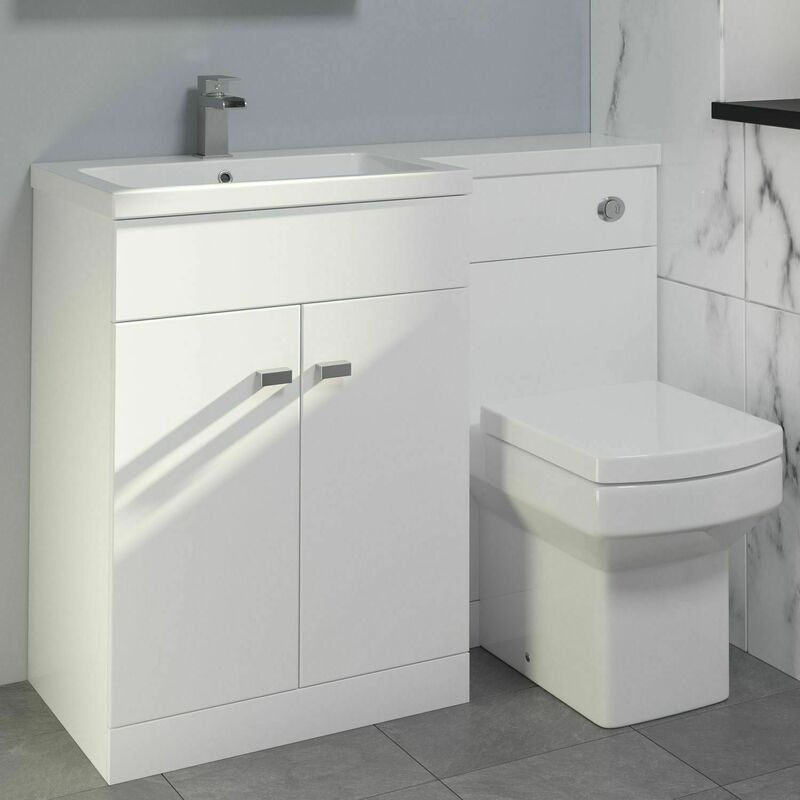 White Combination Vanity Unit Basin Sink Toilet Bathroom Furniture 1100mm Left Hand & Square Toilet Pan Gloss