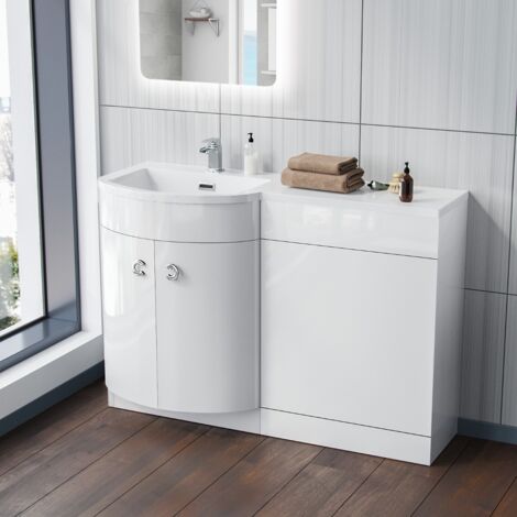 1100mm LH Freestanding Gloss White Basin Vanity Flat Pack Bathroom + WC Unit  Dene