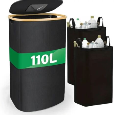 110L Bottle Recycling Bin with Lid & 2 Reusable Pouch, Black