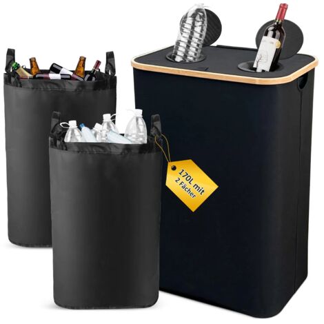 110L Collecteur de Bouteilles Avec Couvercle, 2 Compartiments Poubelle Recyclage, 2 Réutilisables Sac Recyclage, Poubelle Tri Selectif Pour Plastique, Bouteilles Verre,noir