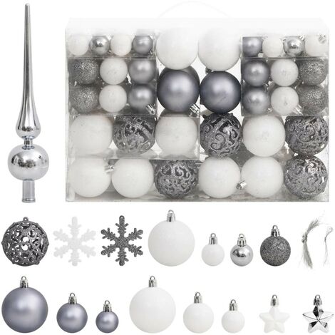 111 Boules de Noël Couleur Gris et Blanc + étoiles + flèche pour sapin de Noël