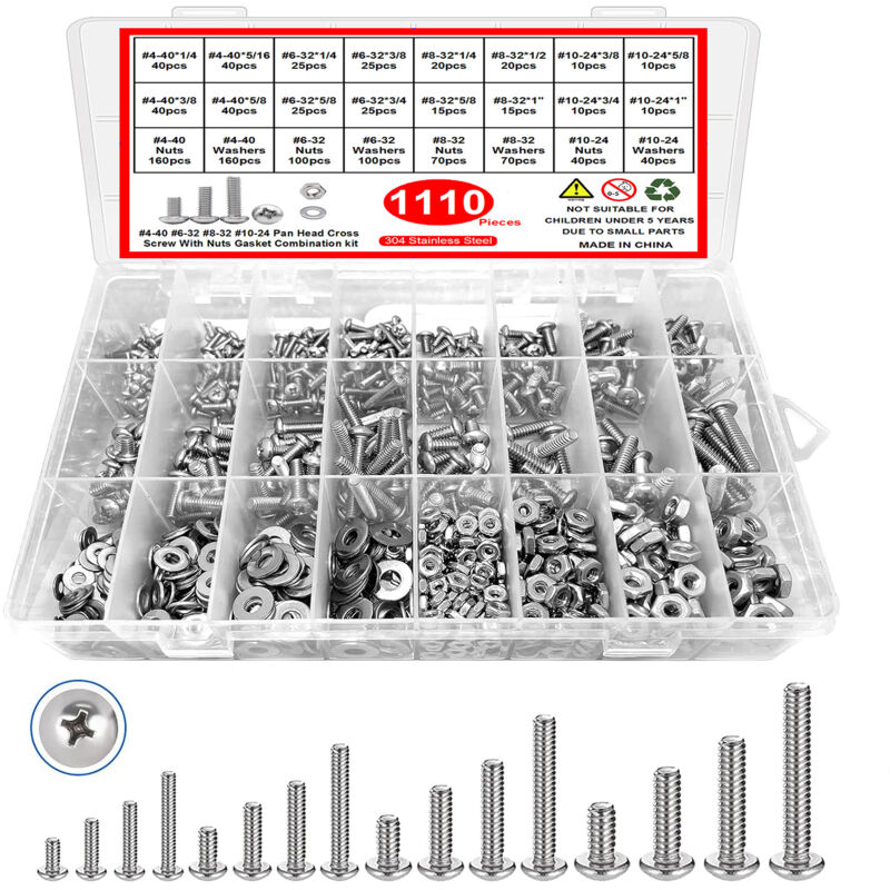 1110 pièces 304 vis à tête cylindrique Phillips en acier inoxydable fabriquées aux États-Unis avec jeu d'écrous à ressort plat