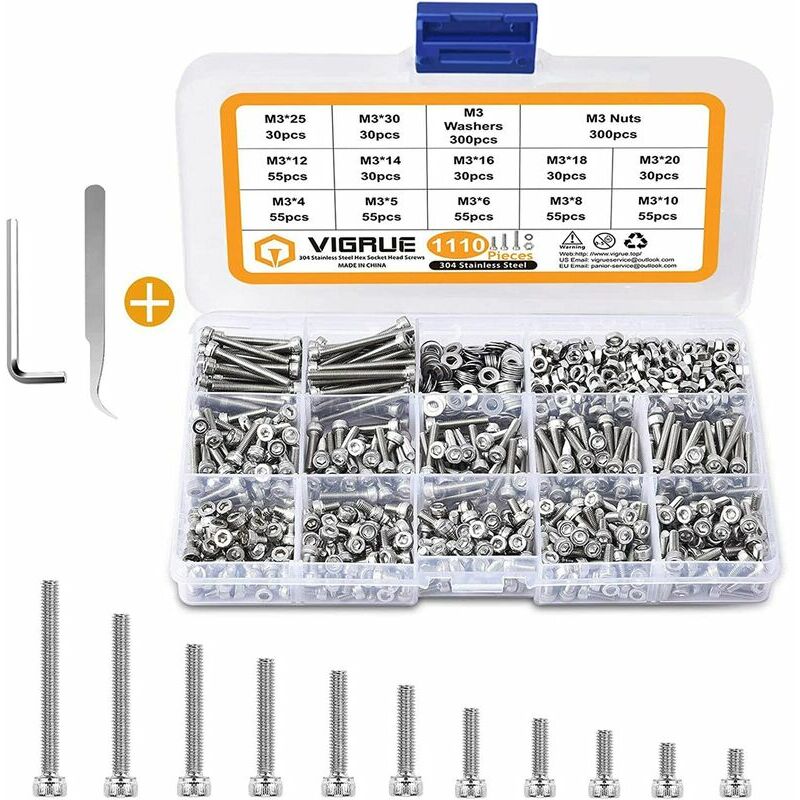 1110PCS M3 scatola di viti 304 in acciaio inox a