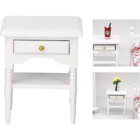1:12 Mini articles de mobilier de chambre à coucher blanc Modèle de table de chevet en bois non toxique facile à ranger