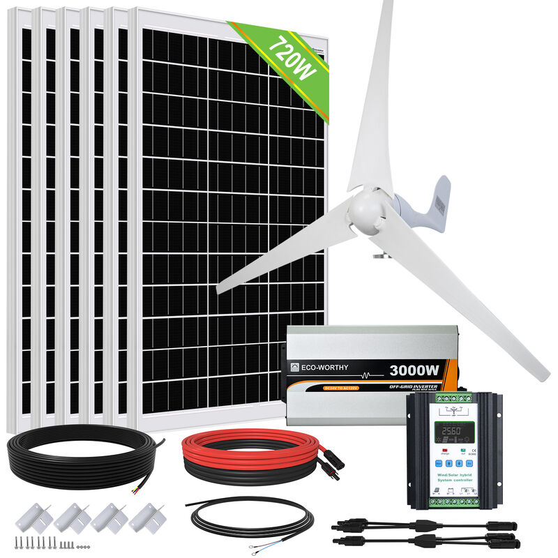Eco-worthy - 1120W 24V Hybrid System Éolienne de 400W et 6 panneaux solaires monocristallins de 120W avec onduleur de 3000W 24V pour maisons,