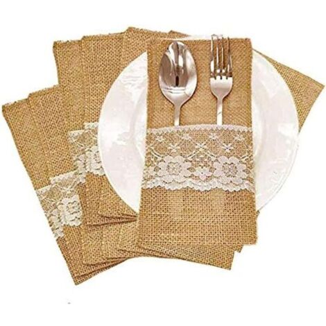 1121cm 50 Pièces Couverts Jute Couverts Sac avec Dentelle Décorations de Table à Manger
