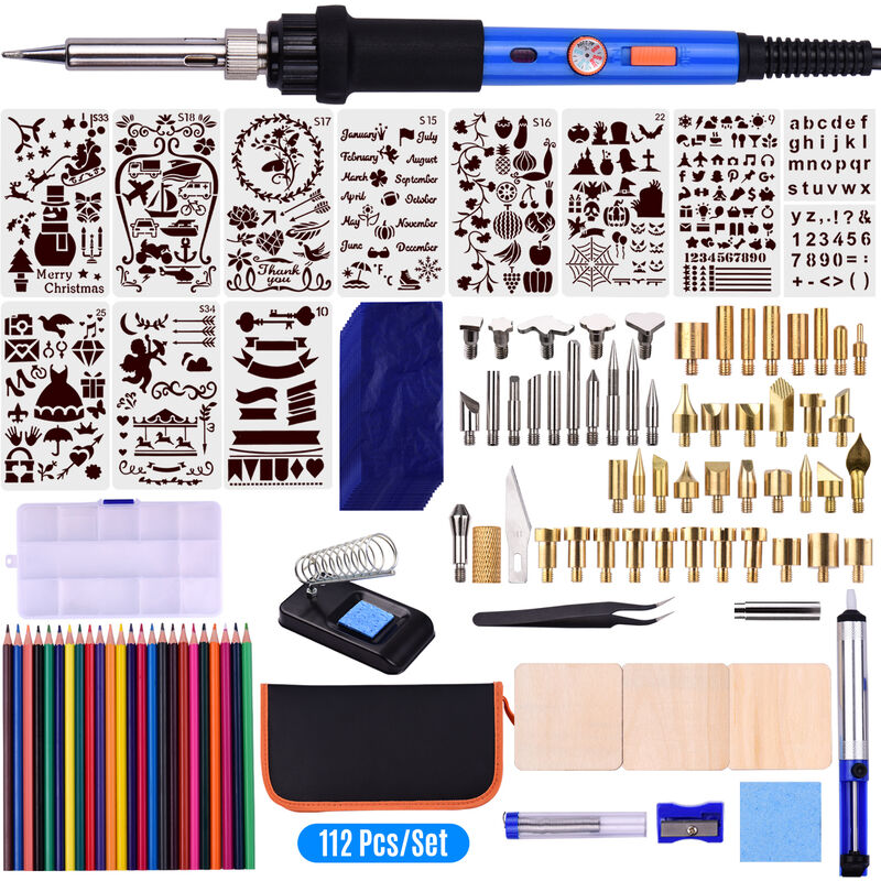 

112pcs Kit de quema de madera 60W Juego de bol¨ªgrafos de pirograbado Temperatura ajustable 220-480 ¡æ Herramienta de quema de madera para