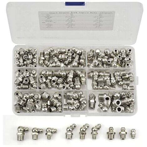 115 Pièces Assortiment de graisseurs, M6 M8 M10 Raccords Filetés de Graissage en Fer Nickelé Droit et Coudé 45°/90° pour Équipement Mécanique