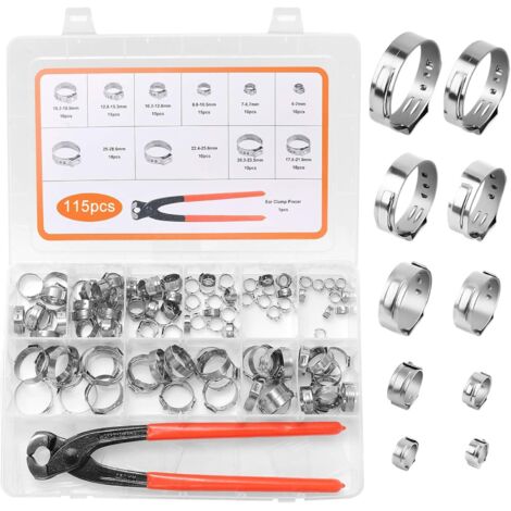 115 Pièces Colliers Serrage Inox 6-28.6mm, Assortiment de 10 Tailles avec Pince Acier Ajustable pour Tuyaux