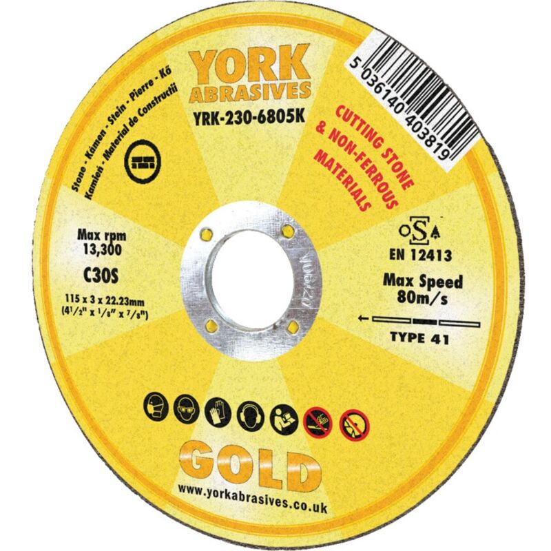 York Abrasives Gold - 115 X 3 X 22MM C30 S Reinforce Cutting Discs for Stone - Typ