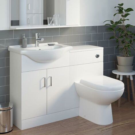 1150mm Toilet and Bathroom Vanity Unit Combined Basin Sink Furniture Gloss White - White
