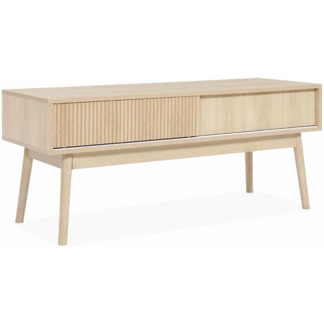 115cm TV unit grooved wood detail 2 doors, Linear, Natural, 115x40x48 cm