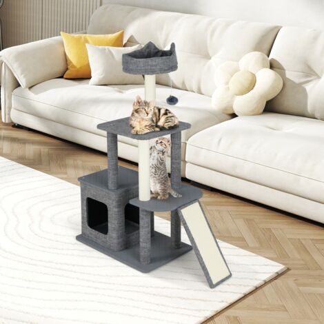 117 CM Arbre à Chat avec Poteaux à Griffer et Rampe en Sisal Condo Perchoir Rembourré Jouets Suspendus Plateforme de Saut Gris