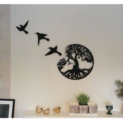 11,8" Arbre de Vie Noir en Métal - Sculpture Murale avec 3 Oiseaux en Vol - Décoration Intérieure et Extérieure