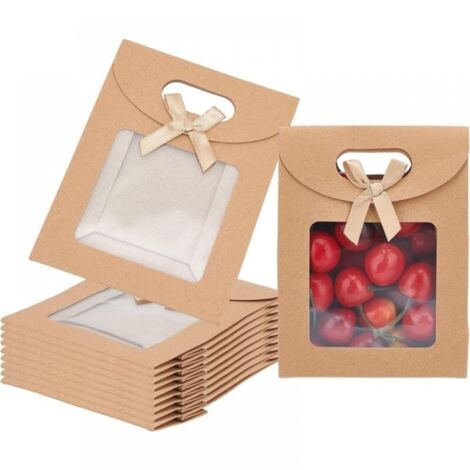 11.9x6.15x15.7cm 24 Pcs Blank Kraft Paper Bags,Stand Up Gift Bag with Handles Brown Gift Bag with Clear Window for Candy Cookies Packaging Wedding Christmas Birthday