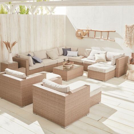 12-14-seater premium polyrattan garden sofa set, Tripoli, Beige, 303.5x82x67 cm