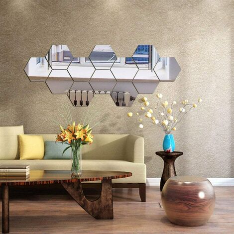 main image of "12 Acrylic mirrors plastic hex wall stickers for indoor decoration, for living room, bedroom, above sofa or silver TV"