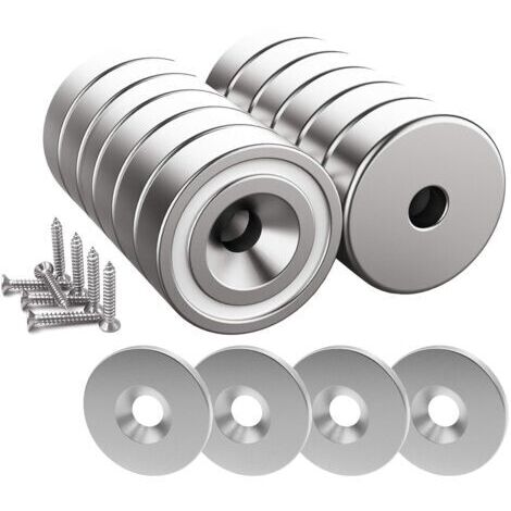 12 aimants en néodyme, force de traction de 10 kg, 20 x 7 mm, avec trous et capsule, aimant en forme de boîte fraisée avec vis et 12 rondelles en acier (argent brillant).