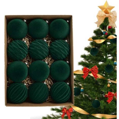 12 bolas navideñas de terciopelo, bolas de plástico, adornos decorativos para colgar en el árbol de Navidad, decoración colgante de 8 cm, color verde.