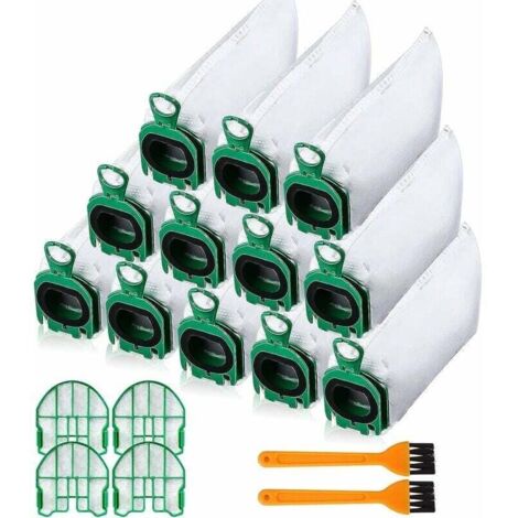 12 bolsas de aspiradora para Vorwerk Kobold VB100 VB 100 FP100 FP 100, juego de bolsas de aspiradora de repuesto compatibles con 4 filtros de motor + 2 cepillos de limpieza