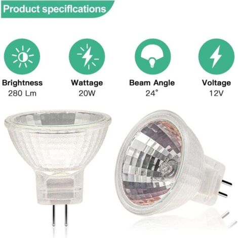 12 bombillas halógenas MR11, 12 V, 20 W, GU4, cubierta de vidrio, aptas para lámparas de pie, bombillas halógenas de 2 pines.