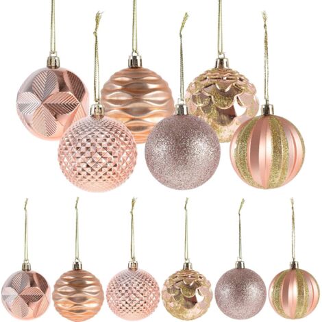 12 boules de Noël incassables dorées claires de 6 cm à suspendre au sapin.