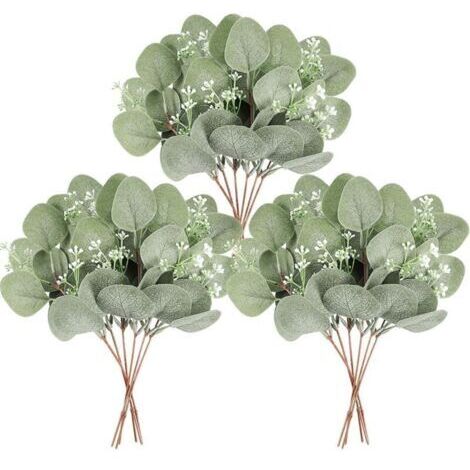 12 branches eucalyptus artificiel vert/argenté, déco mariage/maison/jardin/intérieur/extérieur
