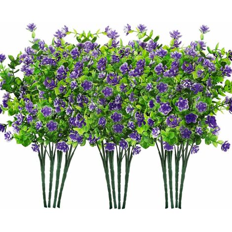 12 Bundles Artificial Flowers, Artificial Outdoor Plants Faux Plastic Greenery Shrubs Indoor Outside Hanging Planter Home Kitchen Office Wedding Garden Decor (Purple)