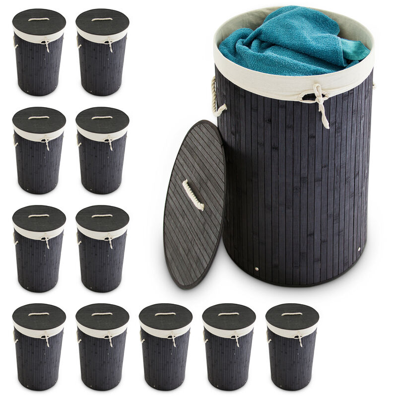 

12 Cestos Ropa Sucia con Tapa, Redondo, Cubo Colada, Canasta Plegable, Bambú, 70 L, Ø 41 cm, Negro