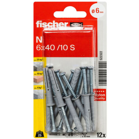 12 chevilles à frapper N Ø6 x 40 mm collerette plate et clou tête fraisée pour structures en bois - Fischer