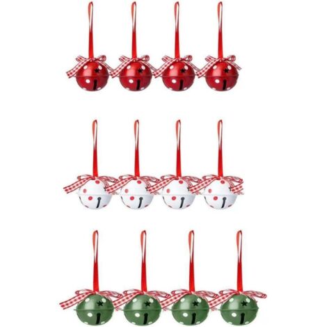 12 cloches de Noël avec ruban, ornements métalliques pour sapin