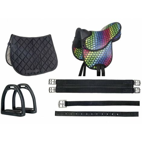 12", coeur/noir 9091: Ensemble de selle Shettland coloré avec étriers, sangle et sous-selle