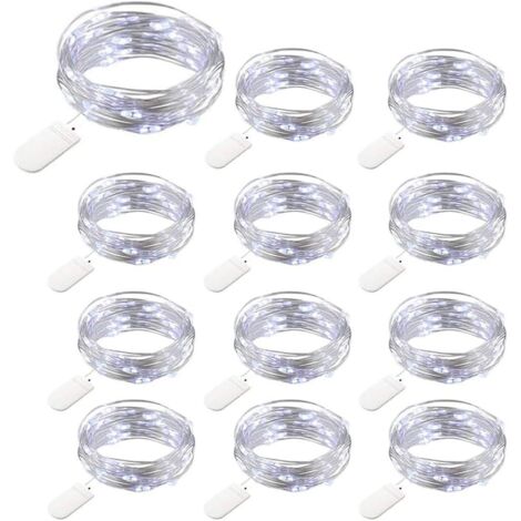 12 confezioni di luci a stringa a batteria, 20 LED 2 m di luci a stringa in rame, IP65 impermeabile, filo d'argento, luce bianca fredda per Natale, feste, matrimoni, giardino, patio, prato, decorazion