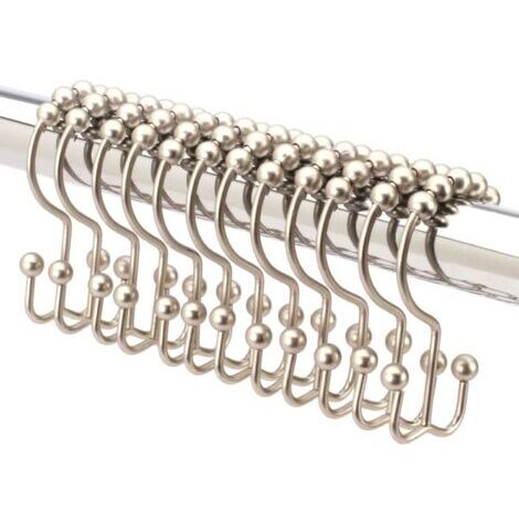 12 Crochet Rideau De Douche Doubles en Nickel Brossé. Anneau Rideau Douche en Acier Inoxydable De Qualité Supérieure. Boules à roulettes Coulissantes sur Barre De Douche Extensible