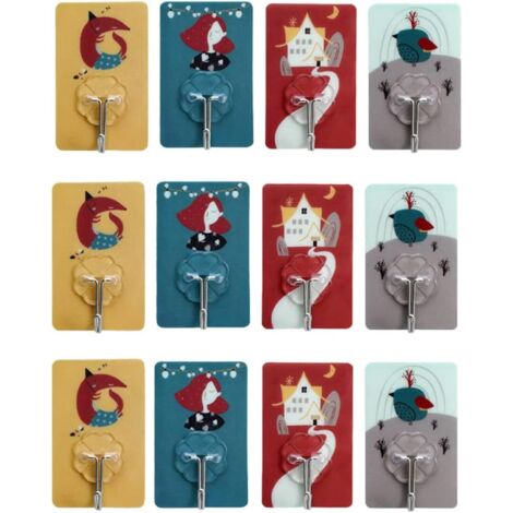 12 crochets adhésifs décoratifs sans couture à motifs de dessins animés, faciles à décoller et à coller.